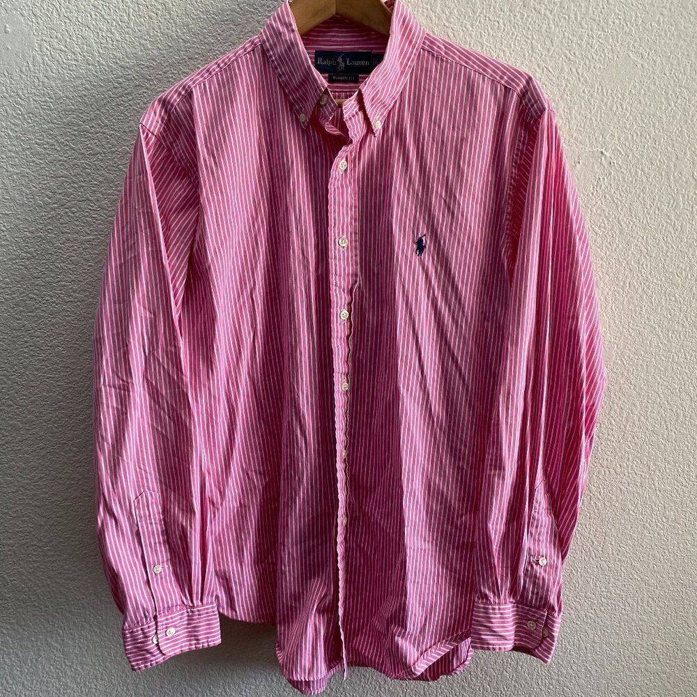 Polo Ralph Lauren Classic Fit Button Down Shirt 16 1/2 Pink Striped Work Casual